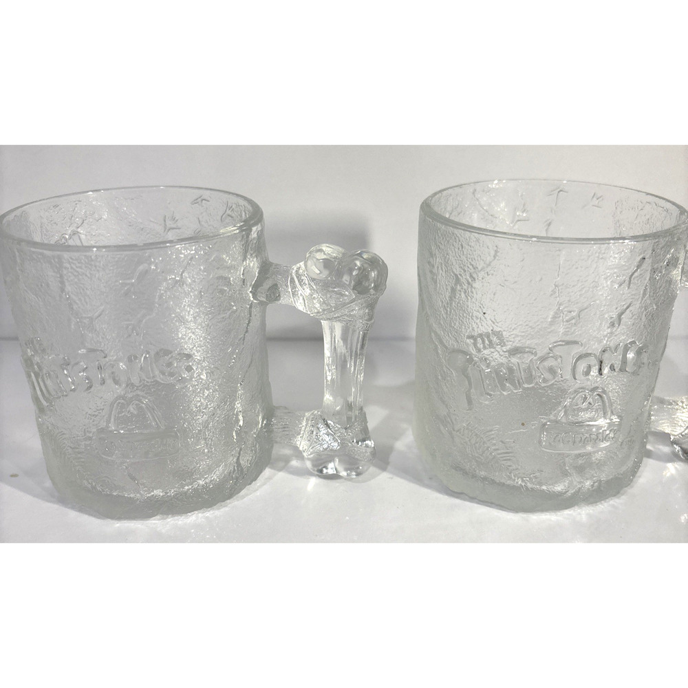 Vintage 1993 McDonalds Flintstones Frosted Clear Tree Mendous Glass Mug Set Of 2